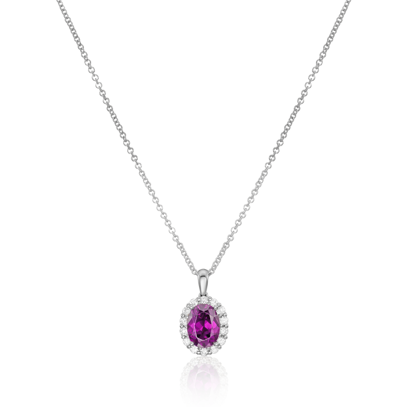 18ct White Gold Oval Royal Garnet and Diamond Surround Pendant