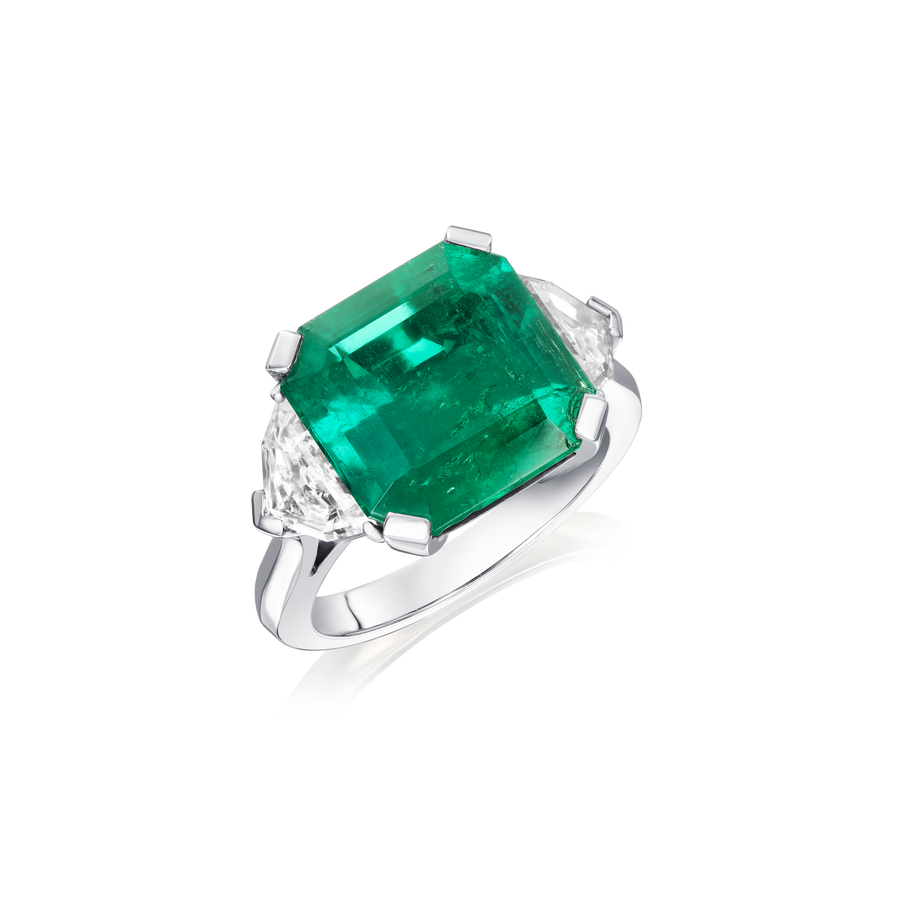 Octagon Natural Emerald and Shield Cut Diamond Ring