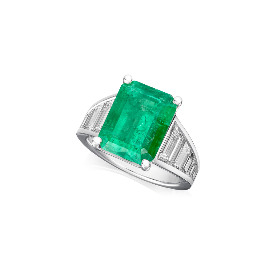Natural Colombian Emerald and Trapeze Diamond Ring