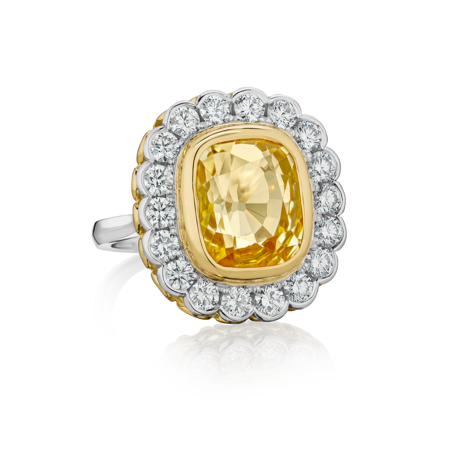 Cushion Cut Yellow Sapphire and Diamond Cluster Ring