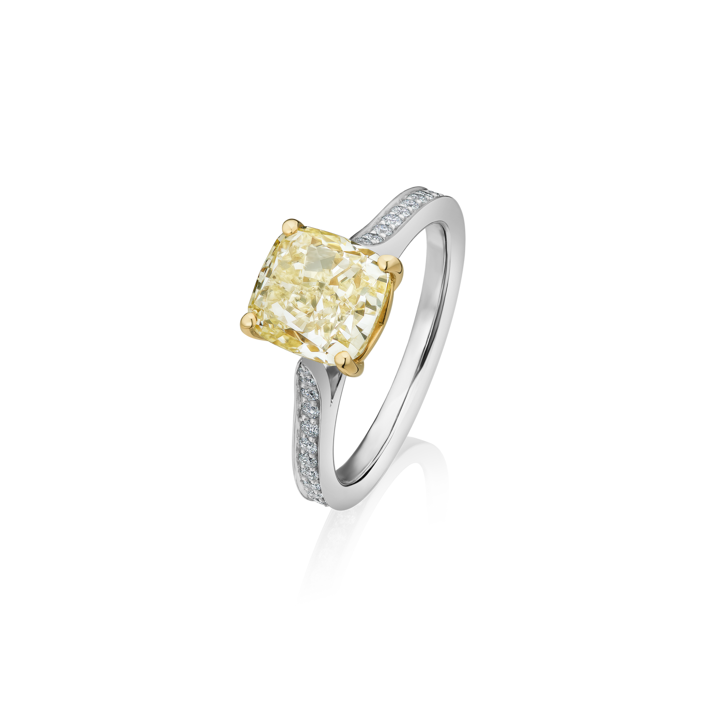 Platinum and Cushion Cut Yellow Diamond Engagement Ring