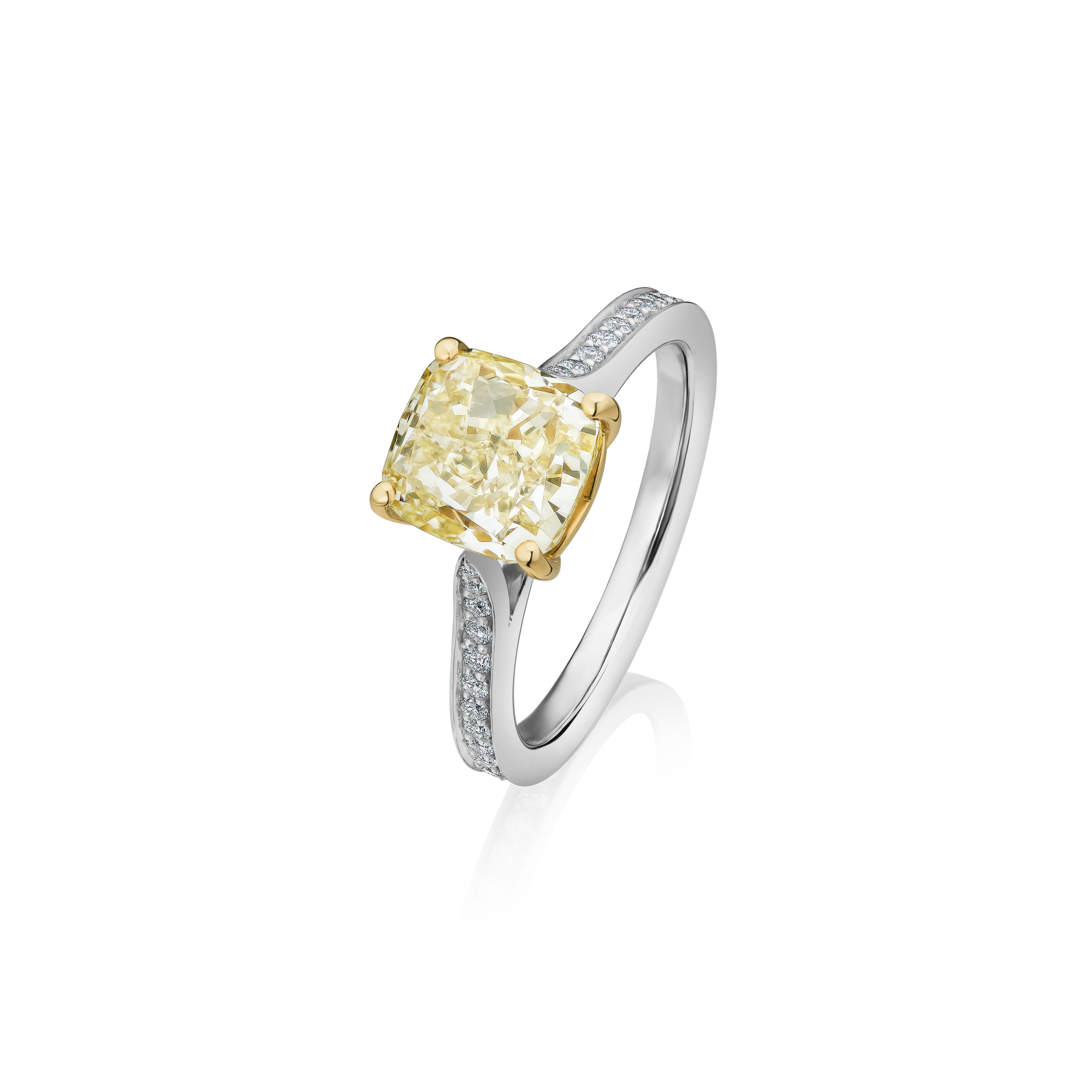 Platinum and Cushion Cut Yellow Diamond Engagement Ring