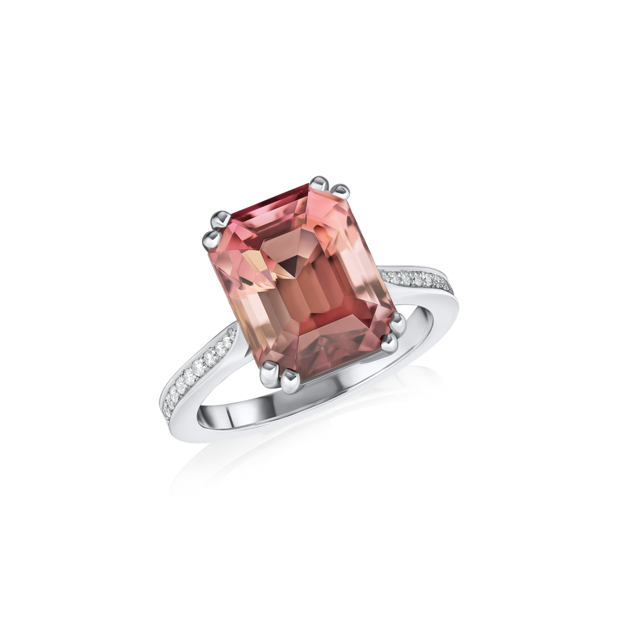 6.90cts Octagon Pink Tourmaline Ring with Diamond-Set Shoulders