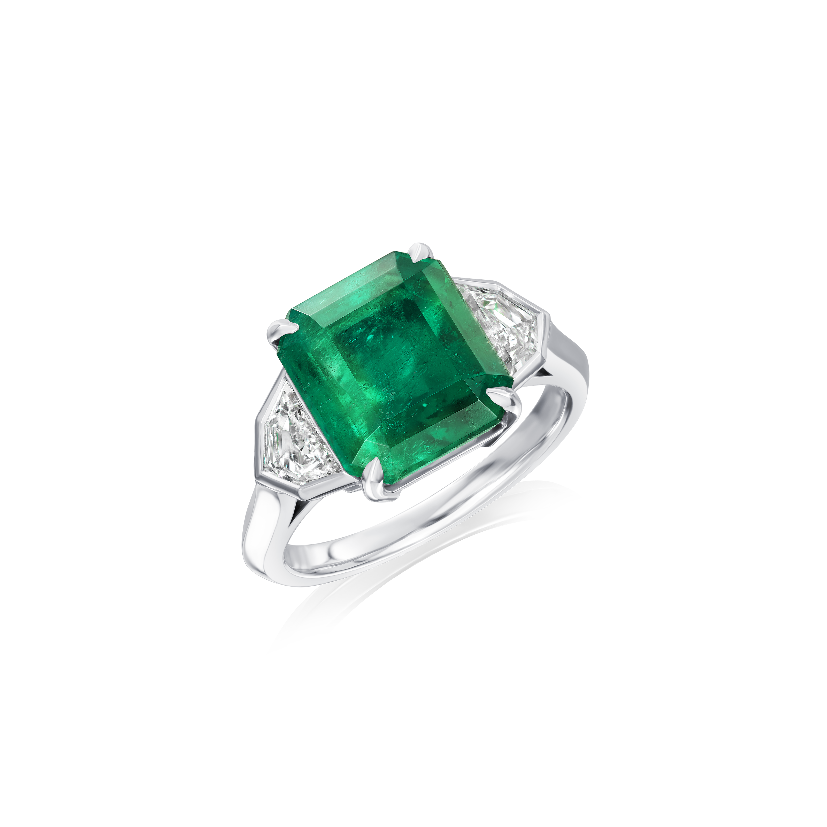 4.99cts Octagon Emerald and Shield-Cut Diamond Three Stone Ring