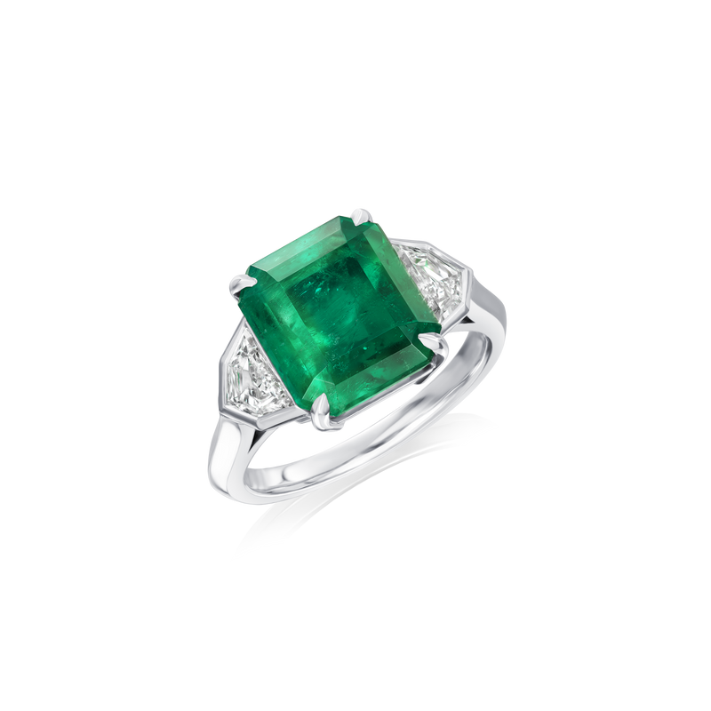 4.99cts Octagon Emerald and Shield-Cut Diamond Three Stone Ring
