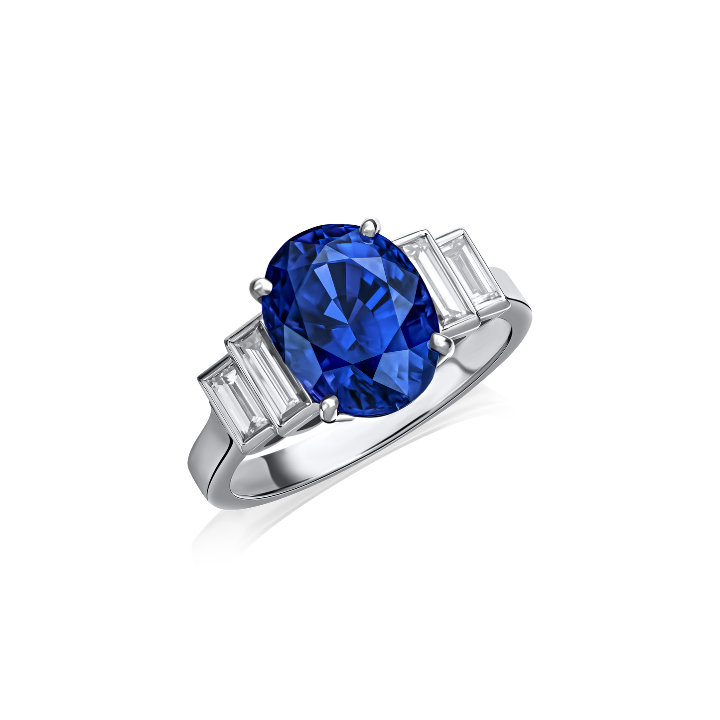 Natural Blue Sapphire and Baguette Diamond Ring