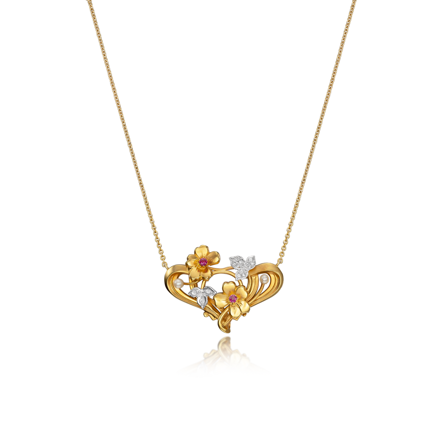 Art Nouveau Pearl, Ruby and Diamond Flower Pendant
