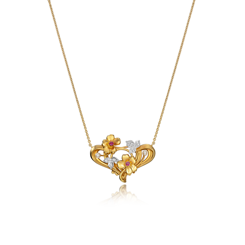 Art Nouveau Pearl, Ruby and Diamond Flower Pendant