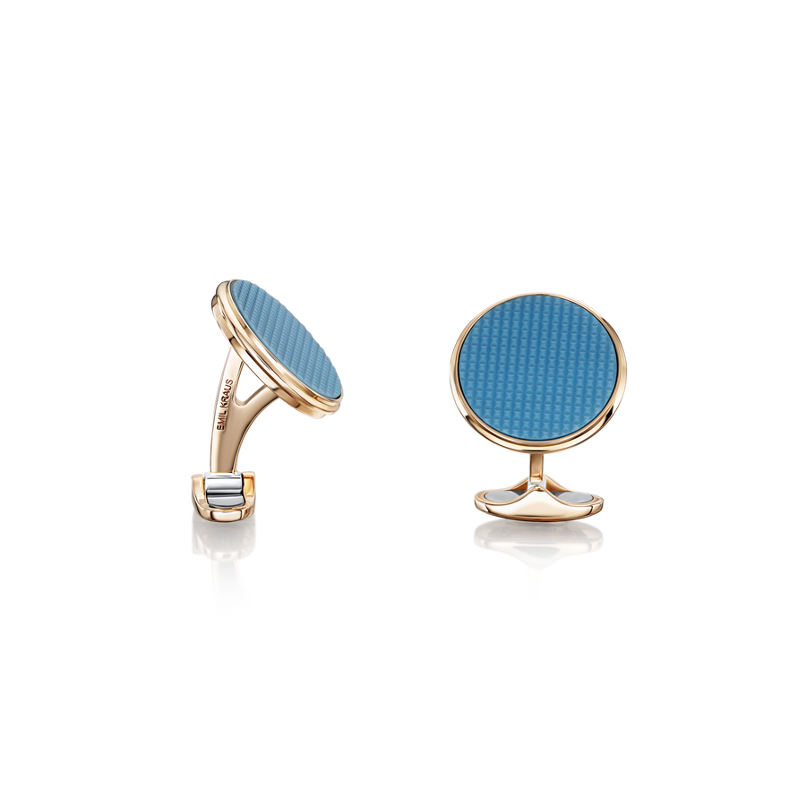 18ct Rose Gold Cufflinks with Polished Blue Agate Clou de Paris
