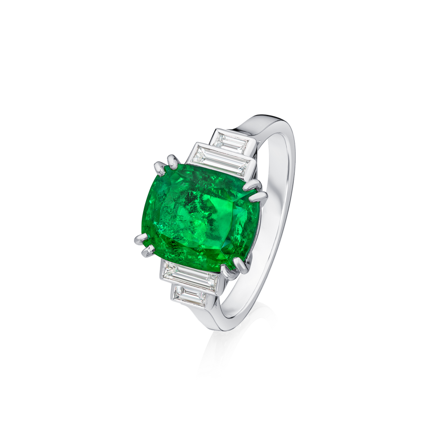 Cushion-Cut Emerald and Diamond Five Stone Ring