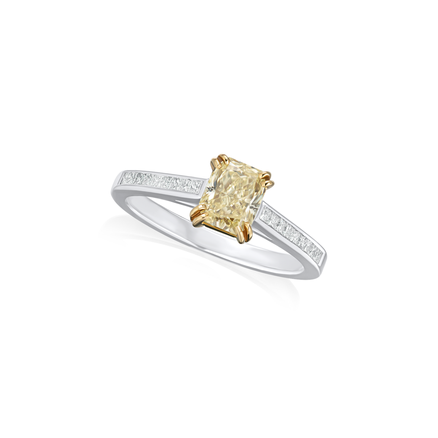 Natural Yellow Radiant Cut Diamond Ring with Diamond-Set Shoulders