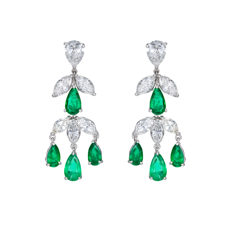 Emerald and Diamond Cascade Drop Earrings