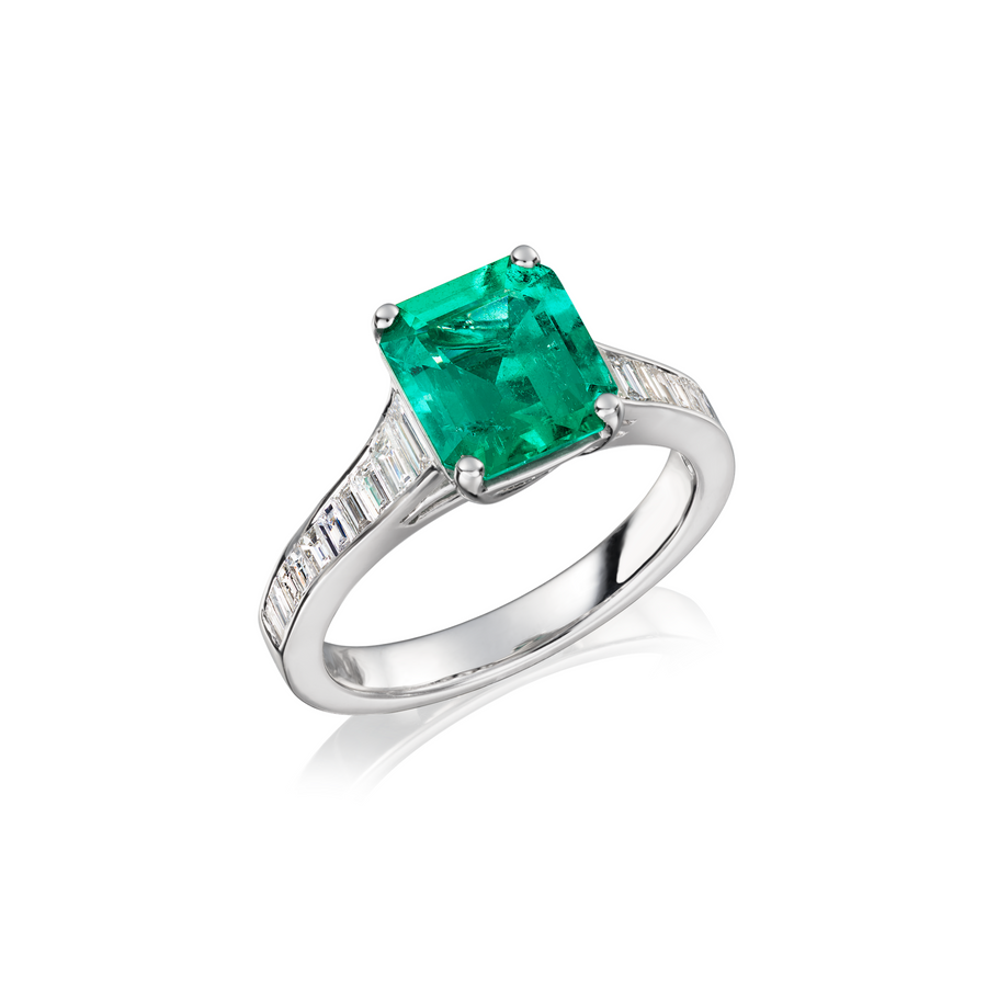 Octagonal Emerald and Tapering Diamond Shoulders Ring