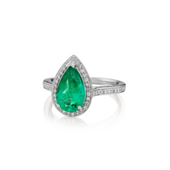 Pear Shape Colombian Emerald Ring With Diamond Surround