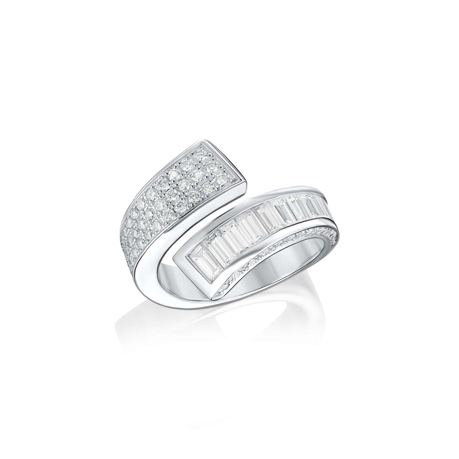 Infinity Platinum Crossover Ring with Baguette and Round Brilliant Cut Diamonds