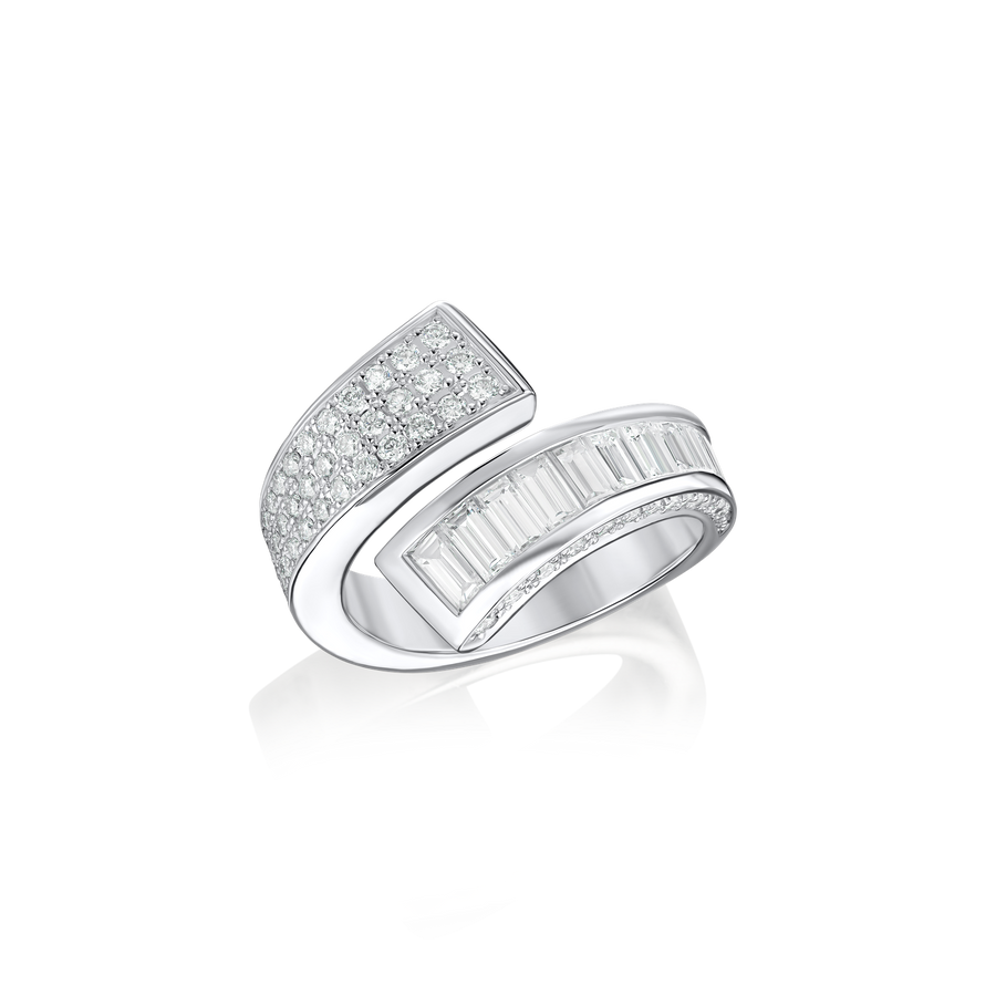 Infinity Platinum Crossover Ring with Baguette and Round Brilliant Cut Diamonds